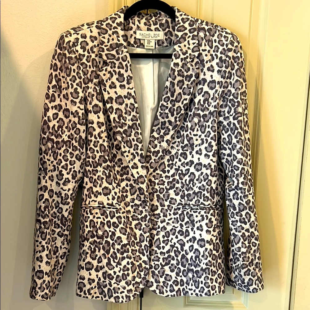 Rachel Zoe gray & cream leopard print linen/cotton blazer Size M